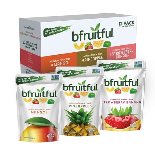 bfruitful Freeze-Dried Mangos, Strawberry Bananas, Pineapples Variety Pack, Freeze Dried Fresh Fruit Bites, Gluten Free, Vegan, Dairy Free, Kosher, No Sugar Added, Non GMO, Healthy Snacks for Kids or Adults, Single-Serve Snack Packets, 12 Pack