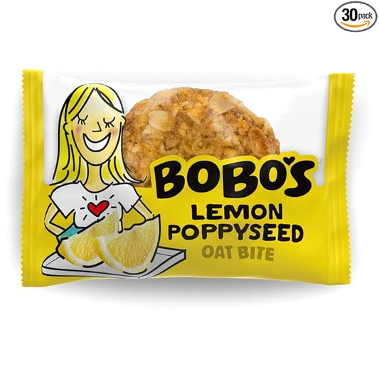 Bobo's Oat Bites, Lemon Poppyseed, 1.3 oz Bites (30 Pack Box), Gluten Free Whole Grain Snack, Vegan On-The-Go