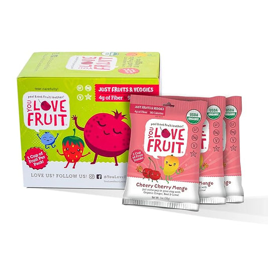 YOU LOVE FRUIT – CHEERY CHERRY MANGO All Natural Fruit Snacks, Healthy Snack Pack, Real Fruit! Gluten Free, Non GMO, Vegan, Fiber packed, Low Fat, Kosher, Variety Pack, Great For Adding To Gift Box, 1.0 oz (Pack of 12)