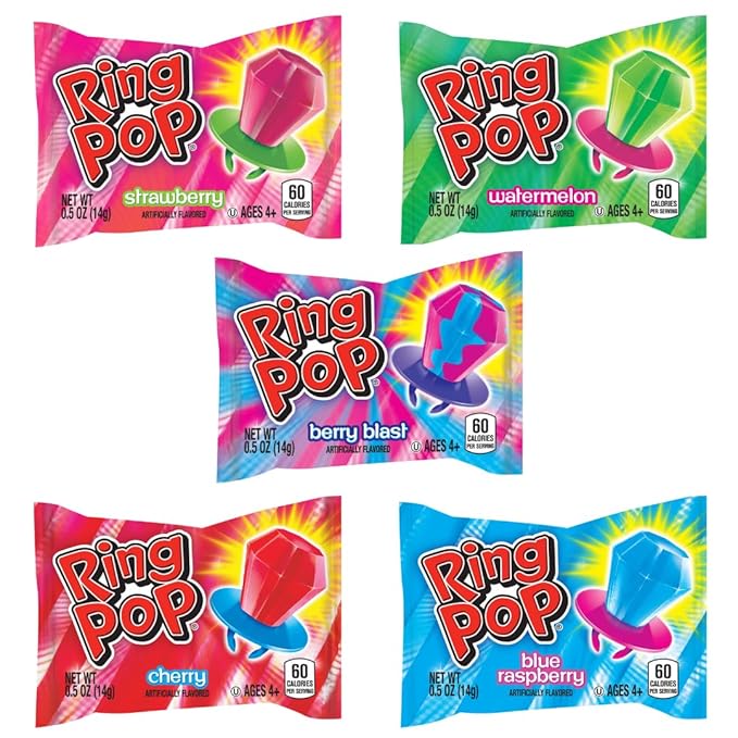 Ring Pop Lollipops - Bulk Candy Individually Wrapped Suckers Variety Party Pack- 50 Count w/ Assorted Flavors - Hard Candy for Party Favors, Kids & Goodie Bags