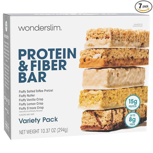 Wonderslim High Fiber Protein Bars, Variety Pack | 15g Protein, 8g Fiber | Low Sugar, Low Carb | Healthy Indulgence | Satisfying, Supports Energy & On-the-Go Convenience, 7 Pack