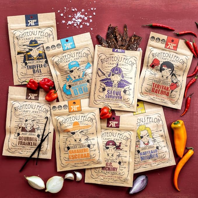 Righteous Felon Beef Jerky Variety Pack | Gluten Free Beef Jerky Snack Packs for Adults | High Protein, Keto-Friendly, Low Sugar | Made with Premium Meats | Gifts for Men | Sampler 8 Pack