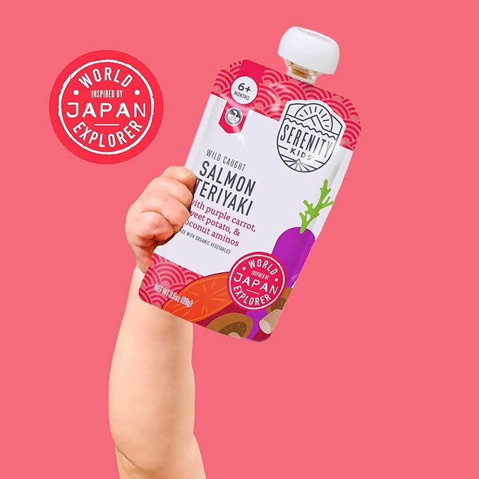 Serenity Kids 6+ Months Salmon Teriyaki Organic Baby Food Pouches - Ethically Sourced Salmon & Organic Veggies - No Added Sugar BPA-Free Baby Puree - 3.5 Oz, 12 Pack
