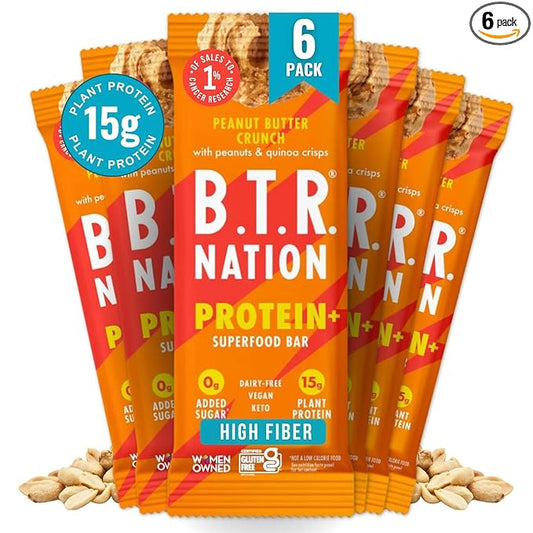 B.T.R Nation Vegan Keto Plant Based High Protein & HIgh Fiber Bars - Peanut Butter Crunch Protein+ | 6 Bars | Low Carb & GF, Free of Sugar Alcohols, Dairy, Soy, with Powerful Superfoods!