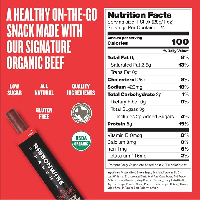 Ribbonwire Ranch Beef Sticks, Made with Organic Beef, Pasture Raised, High Protein Snack, Healthy, Low Carb, Keto Friendly, Gluten Free, Nitrate Free, On the Go, 1 Oz Sticks, Sweet N' Spicy, 24 Pack