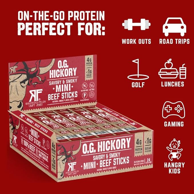 Righteous Felon Meat Sticks Minis | 100% Beef Sticks | Gluten Free Meat Sticks | Low Sugar & High Protein Beef Sticks | Healthy Snacks for Kids & Adults | Jerky Gifts for Men | OG Hickory, 24 Ct