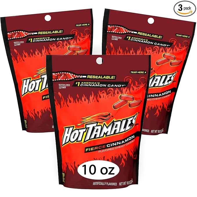 Hot Tamales Cinnamon Chewy Candy Pack of 3 Bags - 10 oz Each - Candy Bulk Spicy Hot Tamales Cinnamon Chewy Red Candies