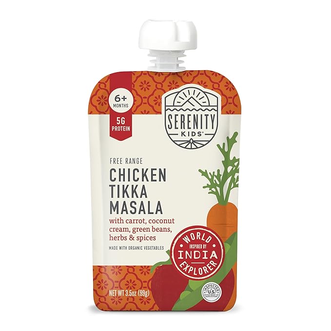 Serenity Kids 6+ Months Chicken Tikka Masala Baby Food Puree Pouches - High Protein Ethically Sourced Chicken & Organic Veggies - BPA-Free Toddler Pouches - 3.5 Oz, 12 Pack