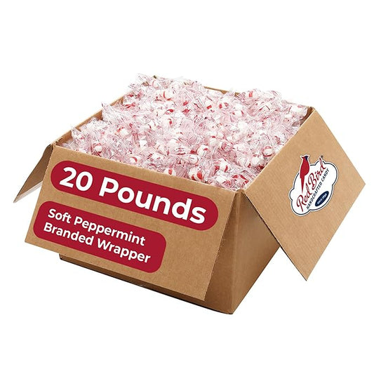 Red Bird Soft Peppermint Candy Mints, Bulk Candy Individually Wrapped, Branded Wrapper, 20 lb