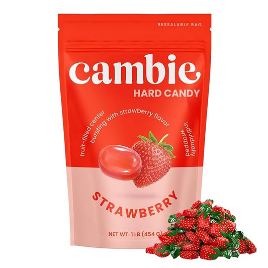 Strawberry Hard Candy Individually Wrapped by Cambie, 1 lb of Strawberry Candy with a Deliciously Sweet Hard Exterior with a Soft, Fruit-Filled Center