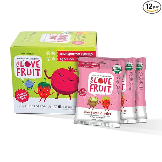 YOU LOVE FRUIT - KIWI BERRY All Natural Fruit Snacks, Healthy Snack Pack, Real Fruit! Gluten Free, Non GMO, Vegan, Low Carb, Low Fat, Kosher, Variety Pack, Great For Adding To Gift Box, 1.0 oz (Pack of 12)