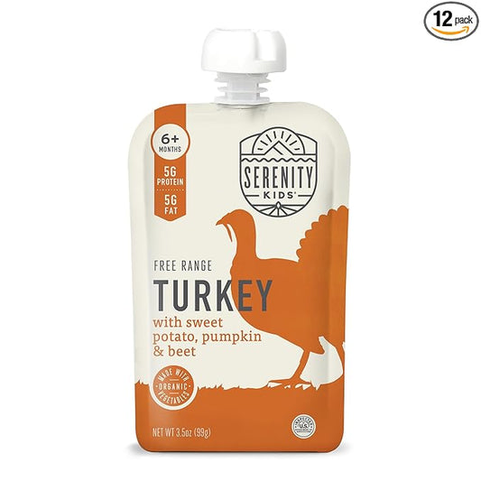 Serenity Kids 6+ Months Turkey Puree Baby Food Pouches - Ethically Sourced BPA-Free Pumpkin Puree & Organic Veggies - 3.5 Oz, 12 Pack