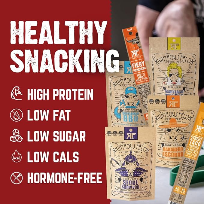 Righteous Felon Beef Jerky & Meat Sticks Variety Pack | Gluten Free Beef Jerky Snack Packs for Adults | High Protein, Keto, Low Sugar | Made with Premium Meats | Gifts for Men | Spicy Jerky 6 Pack