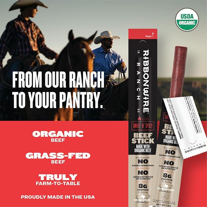 Ribbonwire Ranch Beef Sticks, Made with Organic Beef, Pasture Raised, High Protein Snack, Healthy, Low Carb, Keto Friendly, Gluten Free, Nitrate Free, On the Go, 1 Oz Sticks, Sweet N' Spicy, 24 Pack