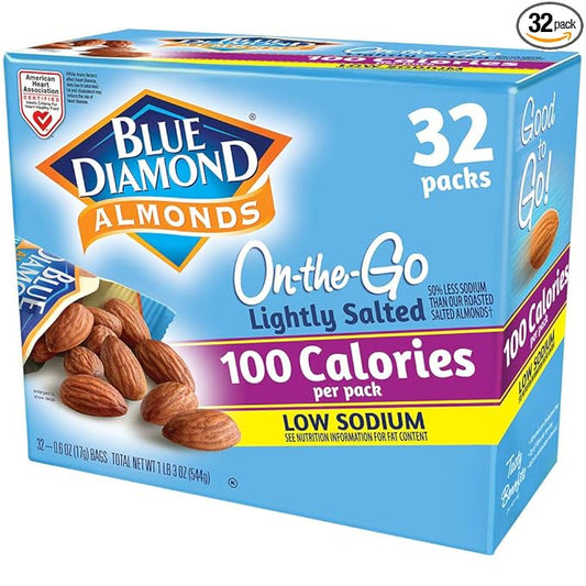 Blue Diamond Almonds Low Sodium Lightly Salted Snack Nuts, 100 Calorie Packs, 0.6 Ounce (Pack of 32)