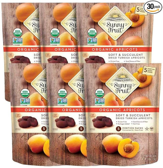 Sunny Fruit Soft Organic Turkish Dried Apricots - 6 Bags (30 Individual Portion Packs) | No Preservatives, No Sugar Added | Healthy, Convenient Snack Packs | ORGANIC, NON-GMO, VEGAN, HALAL, KOSHER