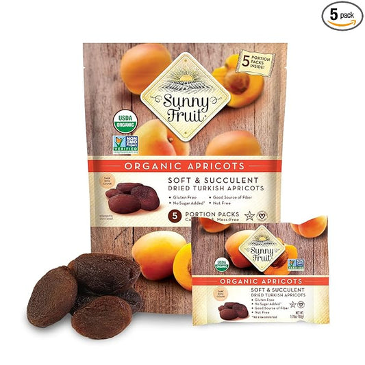 Sunny Fruit Soft Organic Turkish Dried Apricots - 1 Bag (5 Individual Portion Packs) | No Preservatives, No Sugar Added | Healthy, Convenient Snack Packs | ORGANIC, NON-GMO, VEGAN, HALAL, KOSHER