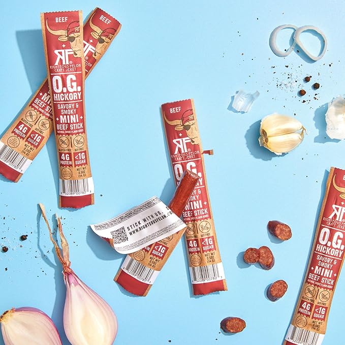 Righteous Felon Meat Sticks Minis | 100% Beef Sticks | Gluten Free Meat Sticks | Low Sugar & High Protein Beef Sticks | Healthy Snacks for Kids & Adults | Jerky Gifts for Men | OG Hickory, 24 Ct