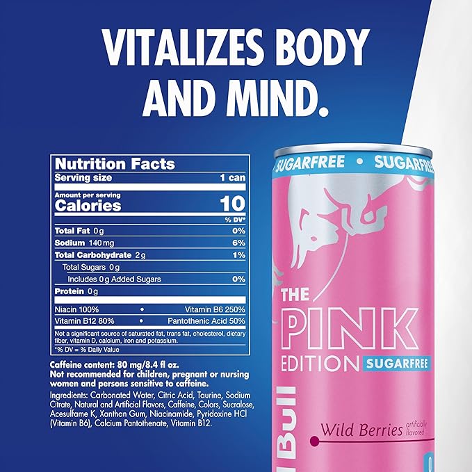 Red Bull Pink Edition Sugar Free Energy Drink, Wild Berries, 8.4 fl. oz., Pack of 4 cans, with 80mg Caffeine, Taurine & B Vitamins