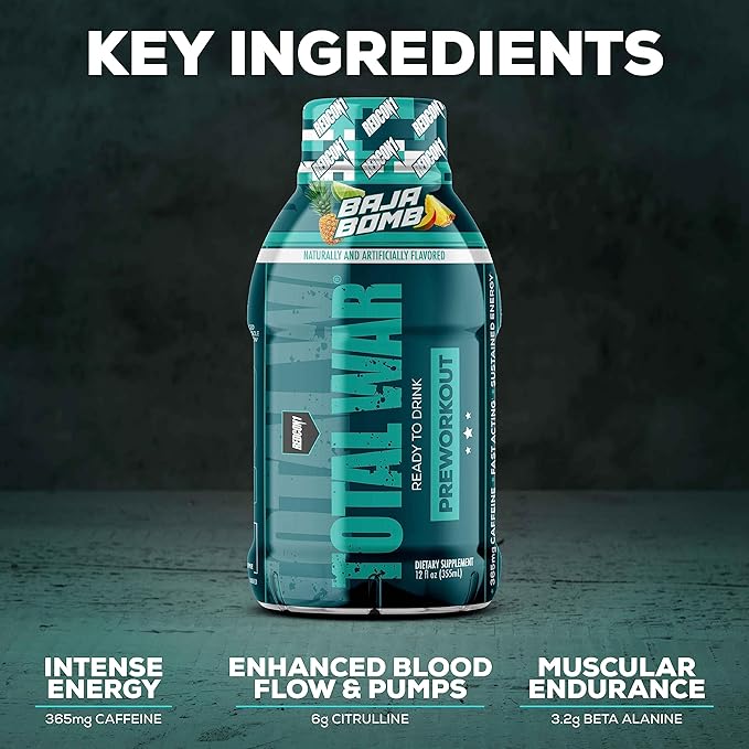 REDCON1 Total War Ready to Drink Pre Workout - Endurance Boosting, Keto Friendly RTD Formula - Amino Acid + Citrulline Malate Pre Workout Drink for Men & Women (Cali Splash, 12 Servings)