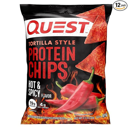 Quest Nutrition Tortilla Style Protein Chips, Hot & Spicy, 19g of Protein, 4g Net Carbs, Gluten Free, 1.1 Ounce (Pack of 12)