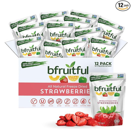 bfruitful Freeze-Dried Strawberries, Freeze Dried Fresh Fruit Bites, Gluten Free, Vegan, Dairy Free, Kosher, No Sugar Added, Non GMO, Healthy Snacks for Kids or Adults, Single-Serve Snack Packets, 12 Pack