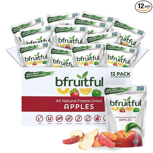 bfruitful Freeze-Dried Apple, Freeze Dried Fresh Fruit Bites, Gluten Free, Vegan, Dairy Free, Kosher, No Sugar Added, Non GMO, Healthy Snacks for Kids or Adults, Single-Serve Snack Packets, 12 Pack