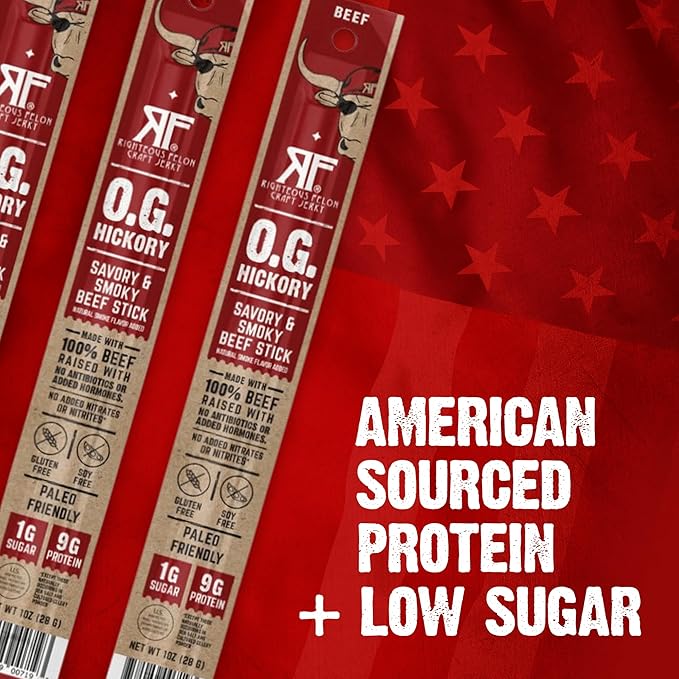 Righteous Felon Meat Sticks | 100% Beef Sticks | Gluten Free & Keto Meat Sticks | Low Sugar & High Protein Beef Sticks | Healthy Snack for Adults | Jerky Gifts for Men | OG Hickory, 24 Pack