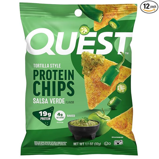 Quest Nutrition Tortilla Style Protein Chips, Salsa Verde, 19g of Protein, 4g Net Carbs, Gluten Free, 1.1 Ounce (Pack of 12)