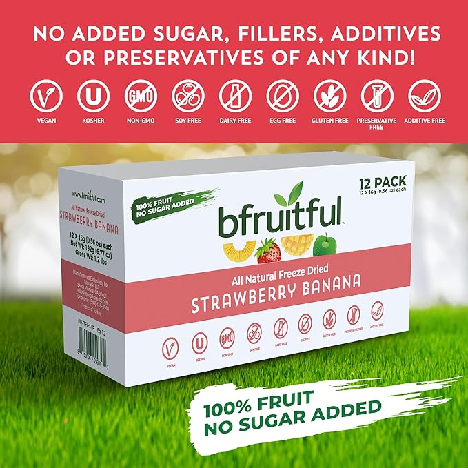 bfruitful Freeze-Dried Strawberry Banana, Freeze Dried Fresh Fruit Bites, Gluten Free, Vegan, Dairy Free, Kosher, No Sugar Added, Non GMO, Healthy Snacks for Kids or Adults, Single-Serve Snack Packets, 12 Pack