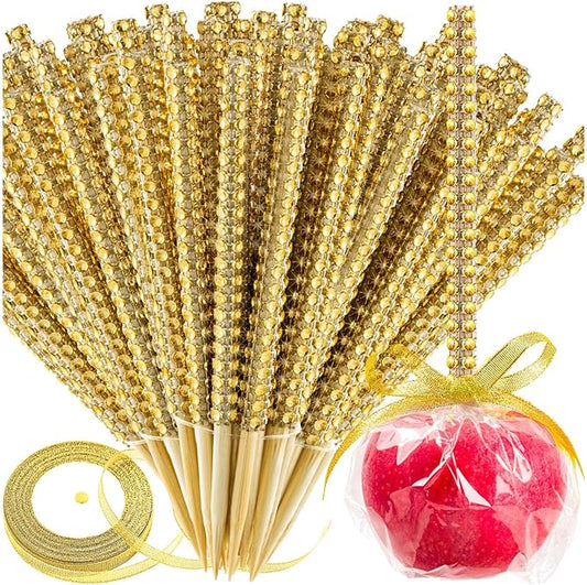 Bling Sticks for Candy Apples, 26Pcs Caramel Apple Wooden Pointed Skewers with 26Pcs Glass Bag and 22Yd Glitter Ribbons Tie, Fruit Cake Pop Chocolate Sliver Crystal Bamboo Sticks for Party Favor
