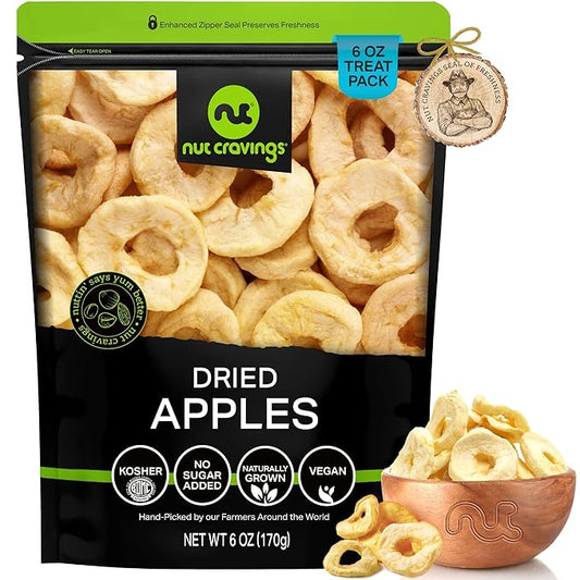 NUT CRAVINGS - Dried Apple Rings Slices, No Sugar Added - Chewy Soft Texture (6oz, 1 Pack) Bulk Dry Fruits Packed Fresh in Resealable Bag - Sweet Healthy Snack, Naturally Grown, Vegan, Kosher