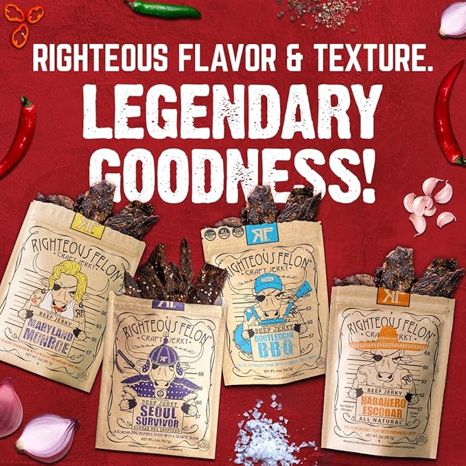 Righteous Felon Beef Jerky Variety Pack | Gluten Free Snack Packs for Adults | High Protein, Keto, Low Sugar | Made with Premium Meats | Gifts for Men | Spicy Jerky 4 Pack