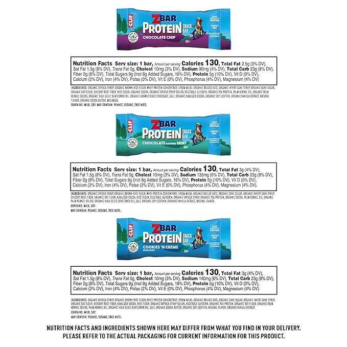 Zbar Protein - Chocolate Chip, Chocolate Mint, Cookies 'n Creme - Variety Pack - Crispy Snack Bars - Made with Organic Oats - Non-GMO - 5g Protein - Gluten Free Protein Bars, School Snacks (18 Pack)