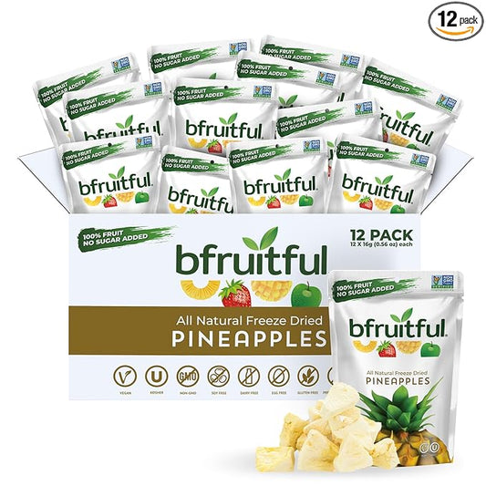 bfruitful Freeze-Dried Pineapple, Freeze Dried Fresh Fruit Bites, Gluten Free, Vegan, Dairy Free, Kosher, No Sugar Added, Non GMO, Healthy Snacks for Kids or Adults, Single-Serve Snack Packets, 12 Pack