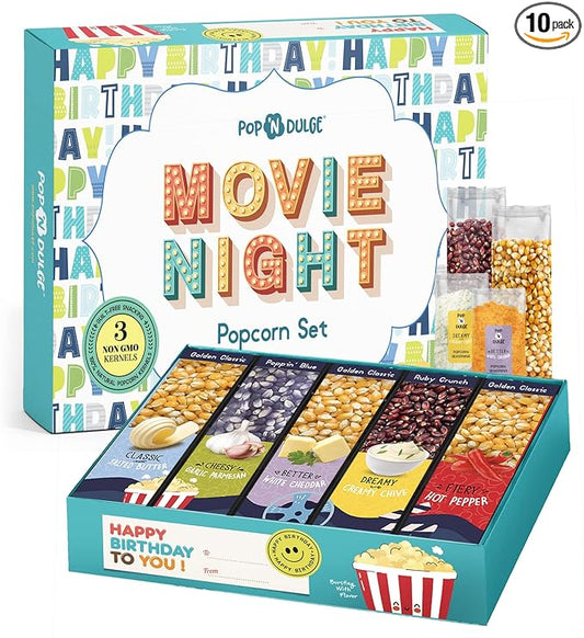 Birthday Gift Basket Movie Night Popcorn Birthday Box Food Gifts Birthday Care Package, 10 Piece Set, 5 Gourmet Popcorn Kernels and 5 Popcorn Seasoning Flavoring, Non-GMO Popcorn Gifts