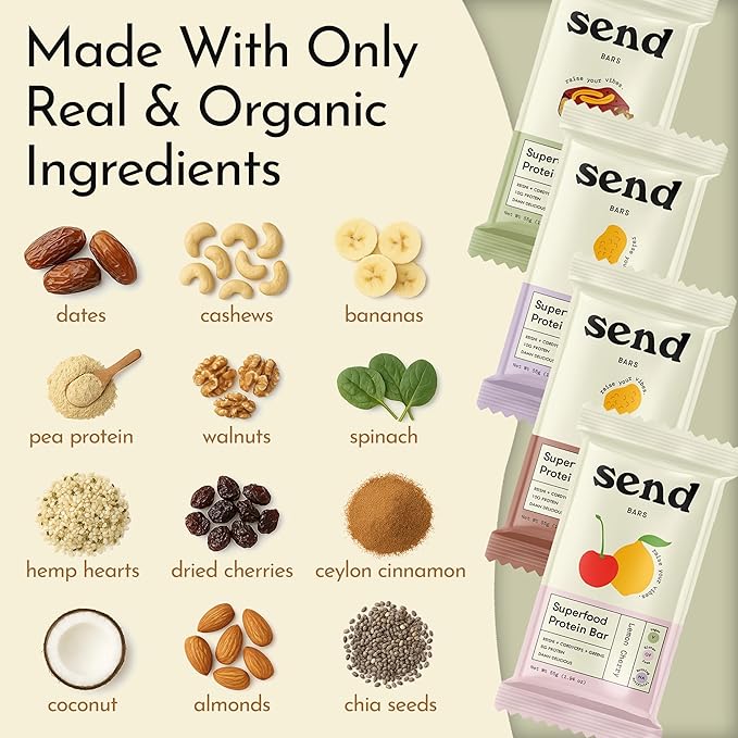 Send Bars Plant-Based Vegan Healthy Protein Bars, With Greens (Peanut Cacao Crunch, 8 Bars) – Only Real Ingredients, Zero Added Sugar, Gluten-Free, Dairy-Free