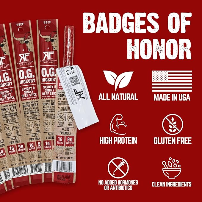 Righteous Felon Meat Sticks | 100% Beef Sticks | Gluten Free & Keto Meat Sticks | Low Sugar & High Protein Beef Sticks | Healthy Snack for Adults | Jerky Gifts for Men | OG Hickory, 24 Pack