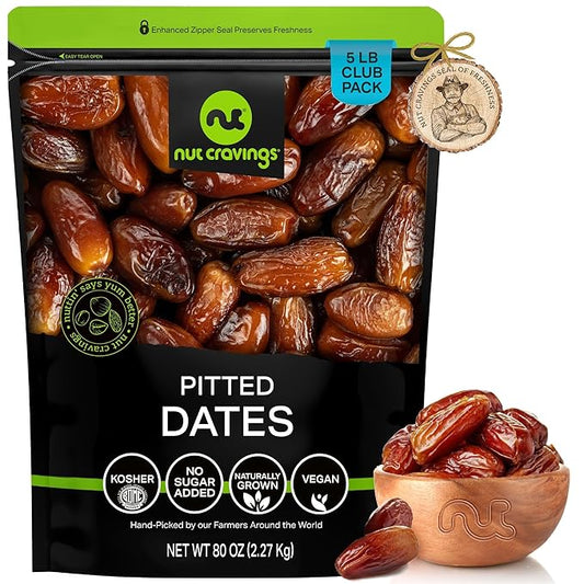 NUT CRAVINGS - Sun Dried Deglet Noor Dates Pitted, No Sugar Added (80oz, 5 Lbs) Bulk Dry Fruits Packed Fresh in Resealable Bag - Sweet Healthy Snack, Naturally Grown, Vegan, Kosher