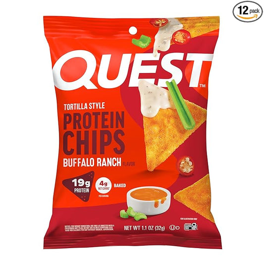 Quest Nutrition Tortilla Style Protein Chips, Buffalo Ranch, 19g of Protein, 4g Net Carbs, Gluten Free, 1.1 Ounce (Pack of 12)