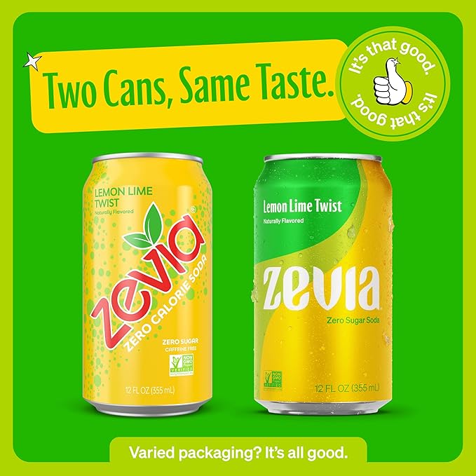 Zevia Zero Sugar Soda, Lemon Lime Twist, 12 oz Cans (24-Pack) – Naturally Sweetened, Non-GMO Project Verified, Gluten-Free, Vegan
