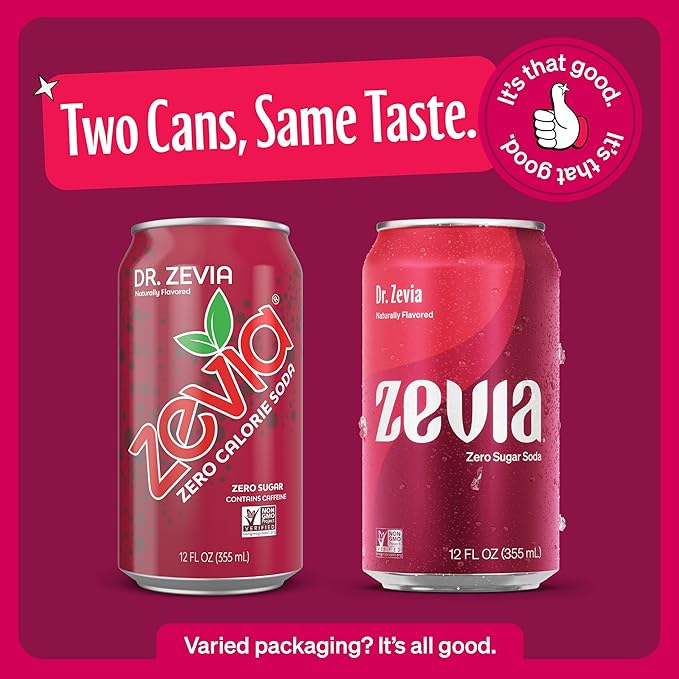 Zevia Zero Sugar Soda, Dr. Zevia, 12 oz Cans (24-Pack) – Naturally Sweetened, Zero Calorie Sugar Free Soda - Non-GMO Project Verified, Gluten-Free, Vegan