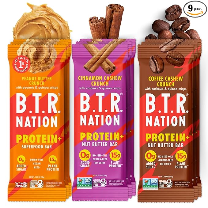 B.T.R. Nation Vegan Keto Plant Based Protein & Fiber Bars - High Protein (Sampler Pack) | (9 Pack) | Low Carb & GF, Free of Sugar Alcohols, Dairy, Soy and Boosted with Powerful Superfoods!