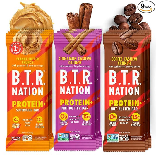 B.T.R. Nation Vegan Keto Plant Based Protein & Fiber Bars - High Protein (Sampler Pack) | (9 Pack) | Low Carb & GF, Free of Sugar Alcohols, Dairy, Soy and Boosted with Powerful Superfoods!