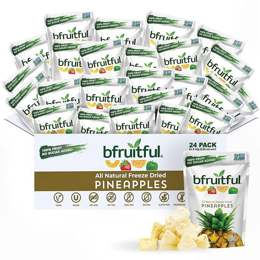bfruitful Freeze-Dried Pineapple, Freeze Dried Fresh Fruit Bites, Gluten Free, Vegan, Dairy Free, Kosher, No Sugar Added, Non GMO, Healthy Snacks for Kids or Adults, Single-Serve Snack Packets, 24 Pack