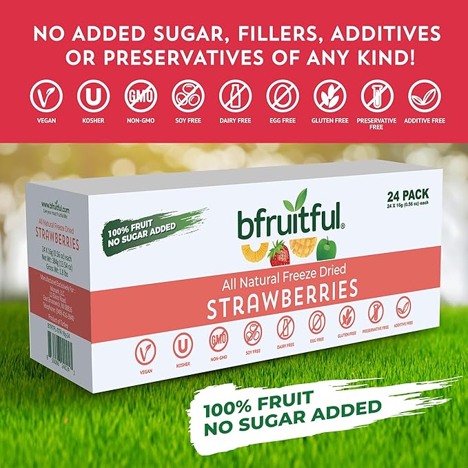 bfruitful Freeze-Dried Strawberries, Freeze Dried Fresh Fruit Bites, Gluten Free, Vegan, Dairy Free, Kosher, No Sugar Added, Non GMO, Healthy Snacks for Kids or Adults, Single-Serve Snack Packets, 24 Pack