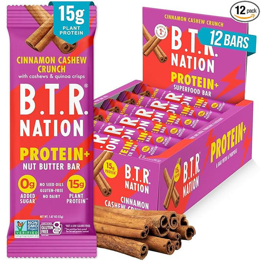 B.T.R. Nation Vegan Keto Plant Based High Protein & High Fiber Bars - Cinnamon Cashew Crunch Protein+ | 12 Bars | Low Carb & GF, Free of Sugar Alcohols, Dairy, Soy and with Powerful Superfoods!