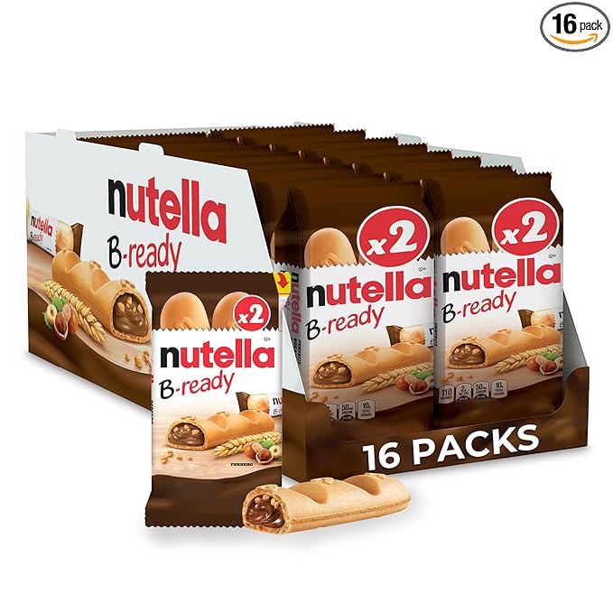 Nutella B-ready, Hazelnut Spread with Cocoa, Individually Wrapped Snacks, 16 2-Count Snack Bar Packs