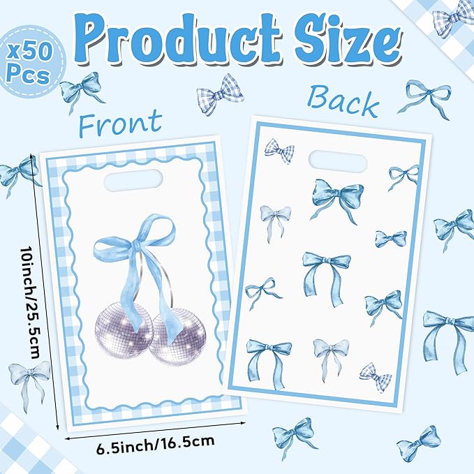 Blue Bow Party Favor Bags - 50Pcs Coquette Bow Knot Themed Goody Candy Treat Gifts Bags, Blue Theme Party Decorations for Kids Girls Women Birthday Wedding Bridal Shower Supplies