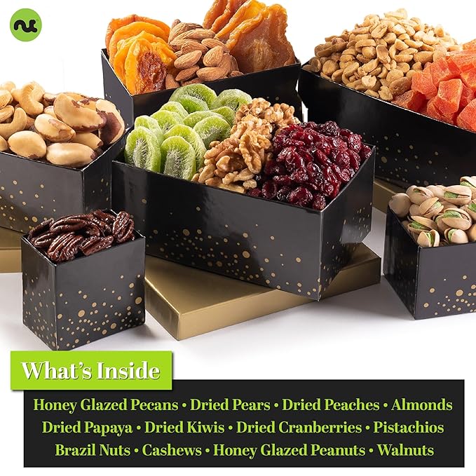 NUT CRAVINGS Gourmet Collection - Happy Birthday Treats, Nuts & Dried Fruits Tower Gift Basket with Bday Ribbon (12 Assortments) Food Arrangement, Healthy Snack Care Package, Food Assortments